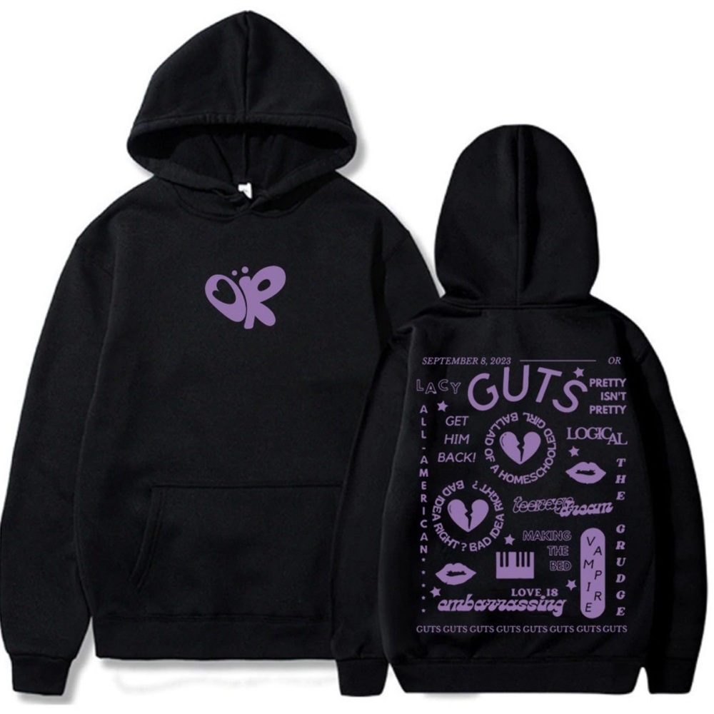 Black Olivia Rodrigo GUTS Hoodie with Purple Graphic